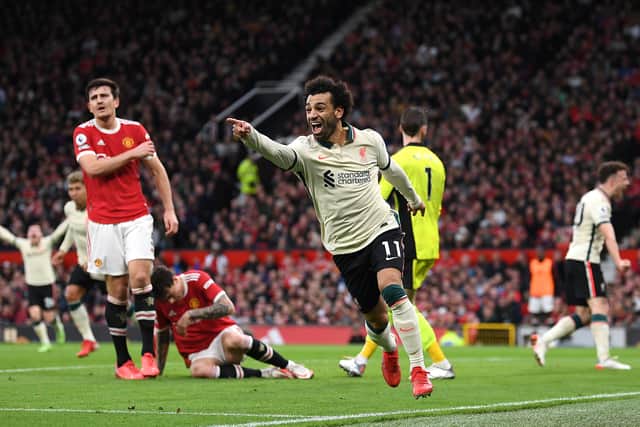 Mo Salah celebrates the first of his three goals against Man Utd. Picture: October 24, 2021 in Manchester, England. (Photo by Michael Regan/Getty Images
