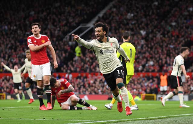 Mo Salah celebrates the first of his three goals against Man Utd. Picture: October 24, 2021 in Manchester, England. (Photo by Michael Regan/Getty Images
