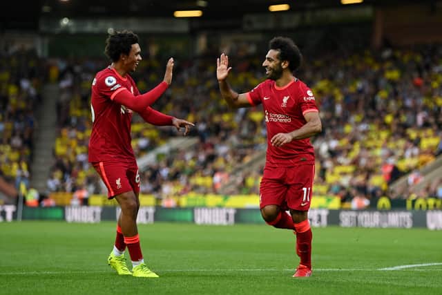 Mo Salah celebrates scoring with Trent Alexander-Arnold. Credit: Getty Images 
