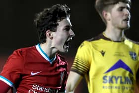 Mateusz Musialowski celebrates scoring for Liverpool under-18s in last season’s FA Youth Cup. Picture: Clive Brunskill/Getty Images