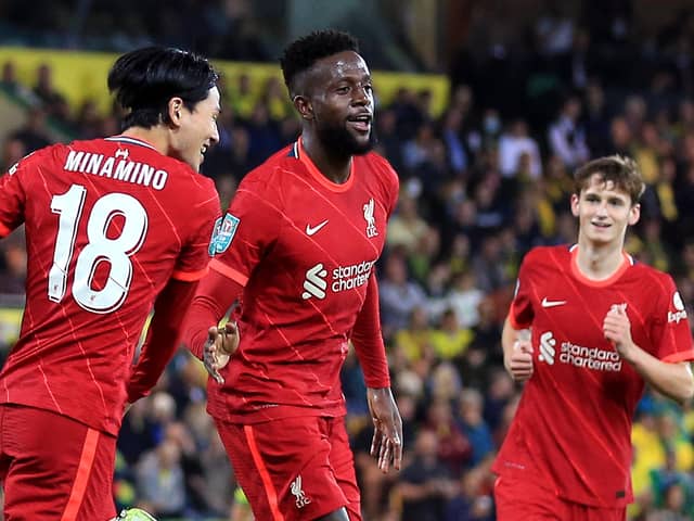 Divock Origi celebrates scoring for Liverpool against Norwich in the Carabao Cup third round. Picture: Stephen Pond/Getty Images
