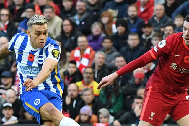  Leandro Trossard bags Brighton’s equaliser against Liverpool. Picture:PAUL ELLIS/AFP via Getty Images