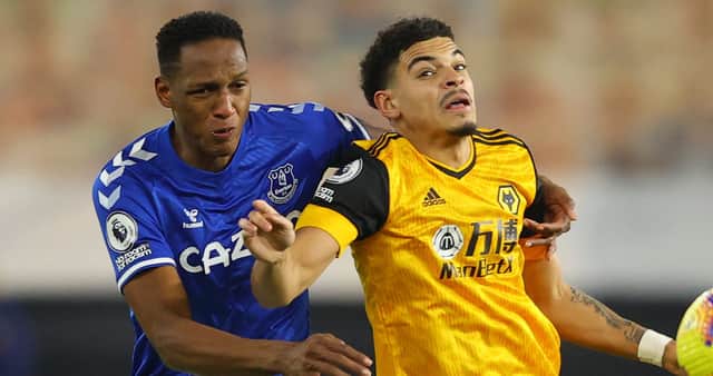 Yerry Mina, in action for Everton against Wolves last season, is a doubt for Monday’s game. Picture: RICHARD HEATHCOTE/POOL/AFP via Getty Image