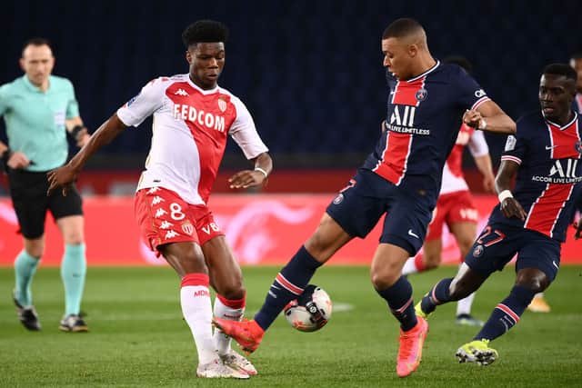 Aurelien Tchouameni battles Kylian Mbappe for the ball during Monaco’s clash against PSG last season. Picture:FRANCK FIFE/AFP via Getty Images