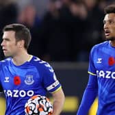 Seamus Coleman and Jean-Philippe Gbamin dejected after Wolves’ opening goal against Everton. Picture: Naomi Baker/Getty Images