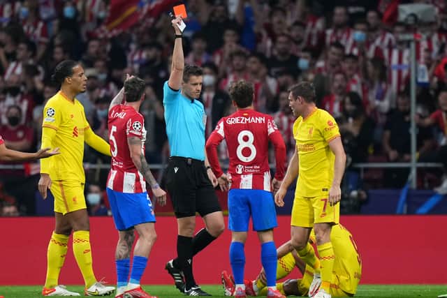 Antoine Griezmann was sent off for Atletico Madrid against Liverpool. Picture: Angel Martinez/Getty Images