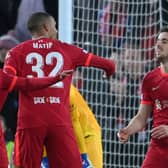 Liverpool celebrate Diogo Jota’s opening goal in their win over Atletico Madrid. Picture: Laurence Griffiths/Getty Images