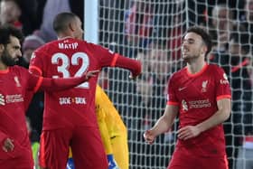 Liverpool celebrate Diogo Jota’s opening goal in their win over Atletico Madrid. Picture: Laurence Griffiths/Getty Images