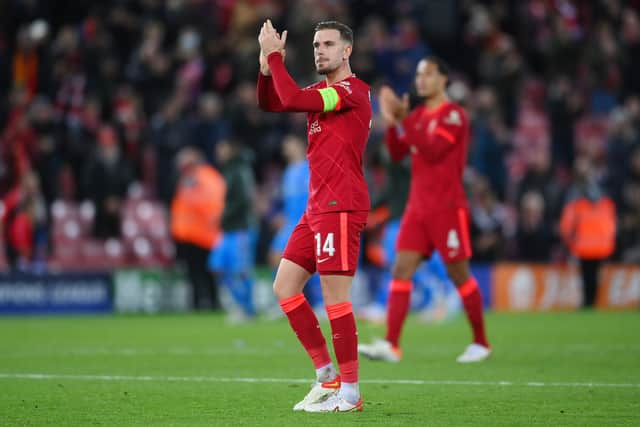 Jordan Henderson celebrates Liverpool’s win over Atletico Madrid. Picture: Laurence Griffiths/Getty Images