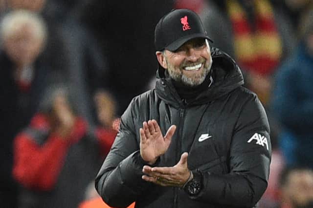 Manager Jurgen Klopp celebrates Liverpool’s victory over Atletico Madrid. Picture: OLI SCARFF/AFP via Getty Images