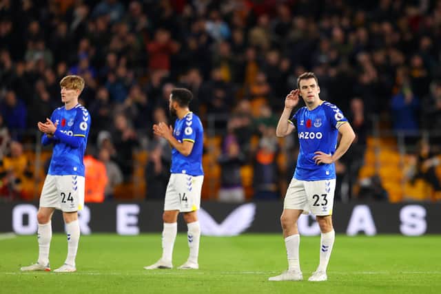 Everton dejected after their 2-1 loss at Wolves. Picture: Catherine Ivill/Getty Images