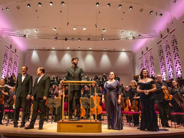 Jennifer Johnston with the Royal Liverpool Philharmonic Orchestra and conductor Domingo Hindoyan. Photo: Mark McNulty 
