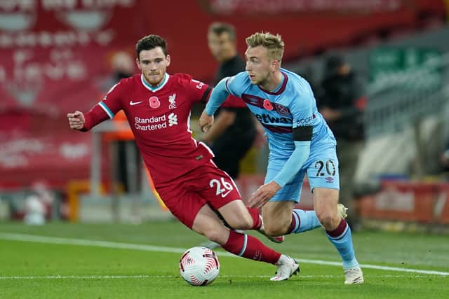 Jarrod Bowen in action for West Ham against Liverpool. Picture: Jon Super - Pool/Getty Images