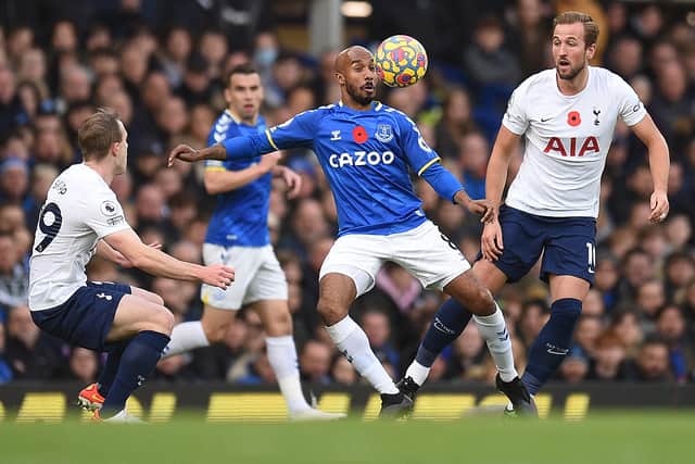 Everton’s Fabian Delph shields the ball from Tottenham’s Harry Kane. Photo: OLI SCARFF/AFP via Getty Images