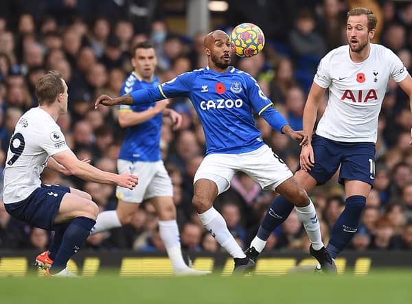 Everton’s Fabian Delph shields the ball from Tottenham’s Harry Kane. Photo: OLI SCARFF/AFP via Getty Images