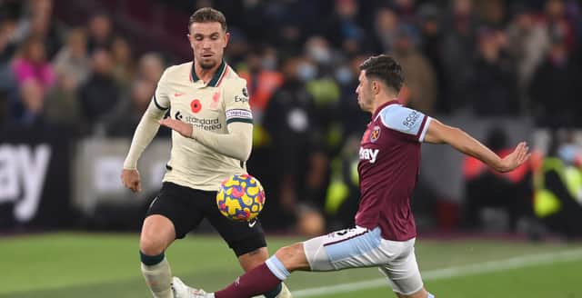 Aaaron Cresswell challenges Jordan Henderson during’s Liverpool’s loss to West Ham. Picture: m on November 07, 2021 in London, England. (Photo by Mike Hewitt/Getty Images