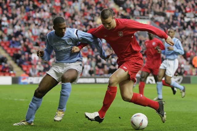 Jack Hobbs battles Daniel Sturridge for the ball during the FA Youth Cup final between Liverpool and Man City in 2006. Picture: Richard Heathcote/Getty Images