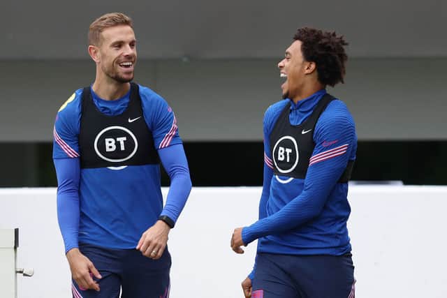 Jordan Henderson and Trent Alexander-Arnold during England training. Picture: DRIAN DENNIS/AFP via Getty Images