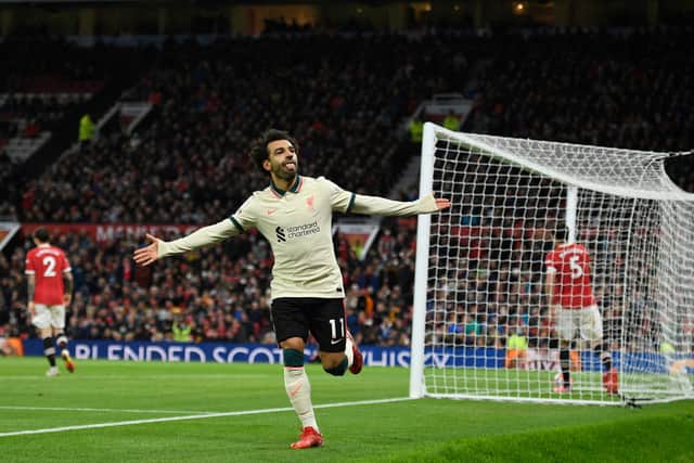 Mo Salah celebrates scoring for Liverpool against Man Utd. Picture: OLI SCARFF/AFP via Getty Images
