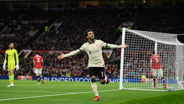Mo Salah celebrates scoring for Liverpool against Man Utd. Picture: OLI SCARFF/AFP via Getty Images