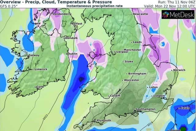 The purple sections on the map denote snow.