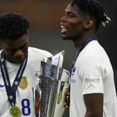 Aurelien Tchouameni and Paul Pogba of France celebrate with The UEFA Nations League trophy. Photo: Mike Hewitt/Getty Images
