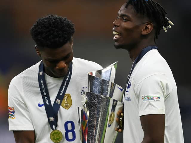 Aurelien Tchouameni and Paul Pogba of France celebrate with The UEFA Nations League trophy. Photo: Mike Hewitt/Getty Images