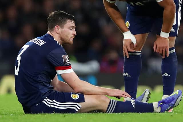 Andy Robertson suffered a hamstring injury in Scotland’s 2-0 defeat of Denmark. Picture: Ian MacNicol/Getty Images