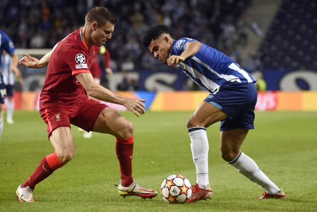 Luis Diaz in action for Porto against Liverpool’s James Milner. Picture: MIGUEL RIOPA/AFP via Getty Images