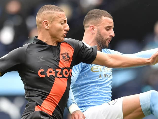 Everton’s Richarlison’s in action against Man City’s Kyle Walker. Picture:PETER POWELL/POOL/AFP via Getty Images