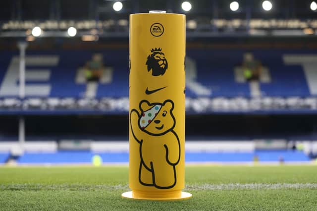 <p>LIVERPOOL, ENGLAND - OCTOBER 19:  Support for 'Children in Need' is seen around the stadium prior to the Premier League match between Everton FC and West Ham United at Goodison Park on October 19, 2019 in Liverpool, United Kingdom. (Photo by Ian MacNicol/Getty Images)</p>