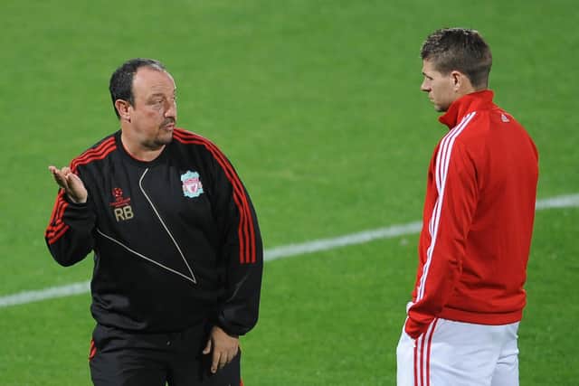 Rafa Benitez and Steven Gerrard. Picture: ALBERTO PIZZOLI/AFP via Getty Images