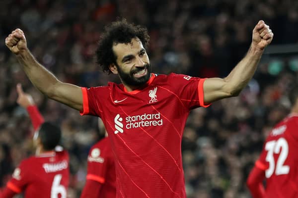 Mo Salah celebrates scoring for Liverpool against Arsenal. Picture: Clive Brunskill/Getty Images