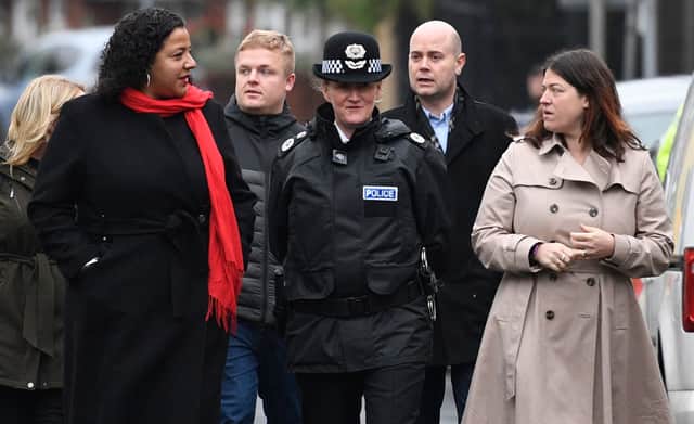 Mayor Joanne Anderson, Merseyside Police Chief Constable Serena Kennedy and Merseyside Police and Crime Commissioner Emily Spurrell. Photo: OLI SCARFF/AFP via Getty Images