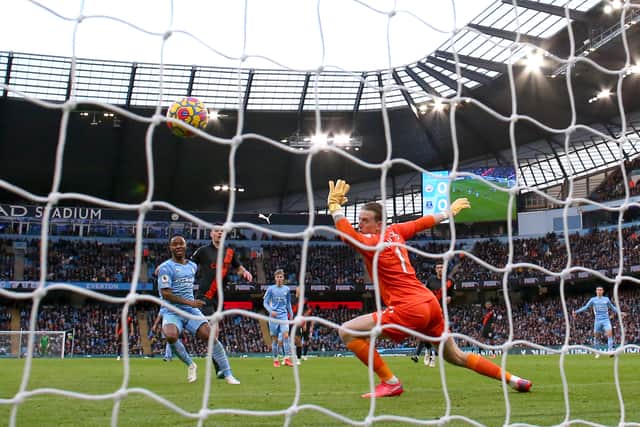 Raheem Sterling puts Man City ahead against Everton. Picture: Alex Livesey/Getty Images