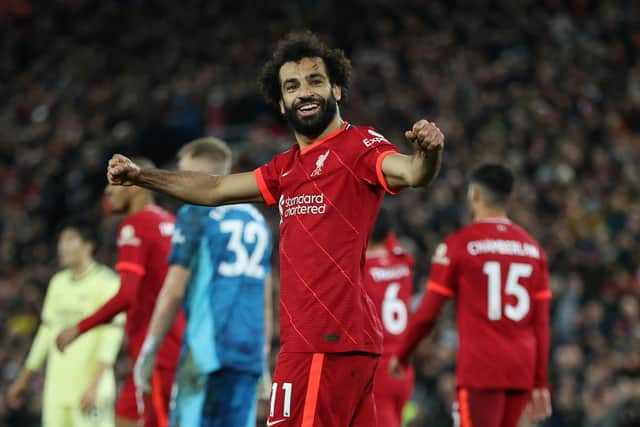 Mo Salah celebrates scoring against Arsenal. Picture: Clive Brunskill/Getty Images