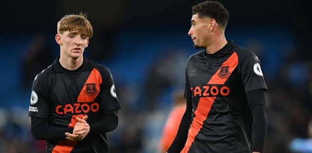 Anthony Gordon, left, and Ben Godfrey dejected after Everton’s loss at Manchester City. Picture: PAUL ELLIS/AFP via Getty Images