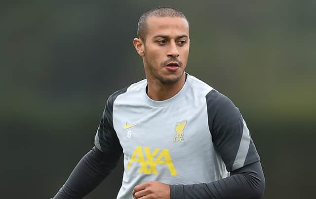 KIRKBY, ENGLAND - SEPTEMBER 14: Thiago Alcantara of Liverpool controls the ball during a training session ahead of their UEFA Champions League group stage match against AC Milan at AXA Training Centre on September 14, 2021 in Kirkby, England. (Photo by Nathan Stirk/Getty Images)