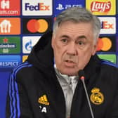 Carlo Ancelotti speaks during a Real Madrid press conference. Picture: SERGEI GAPON/AFP via Getty Images
