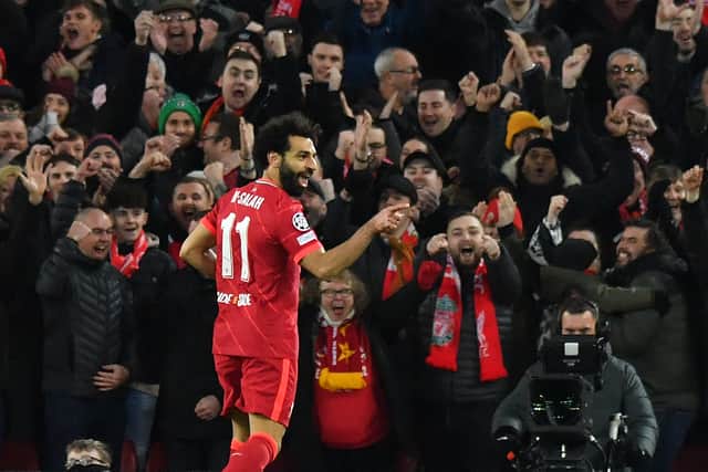 Mo Salah celebrates Liverpool’s second goal against Porto. Picture: ANTHONY DEVLIN/AFP via Getty Images