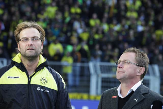 Jurgen Klopp, left, and Ralf Rangnick. Picture: BARTEK WRZESNIOWSKI/AFP via Getty Images