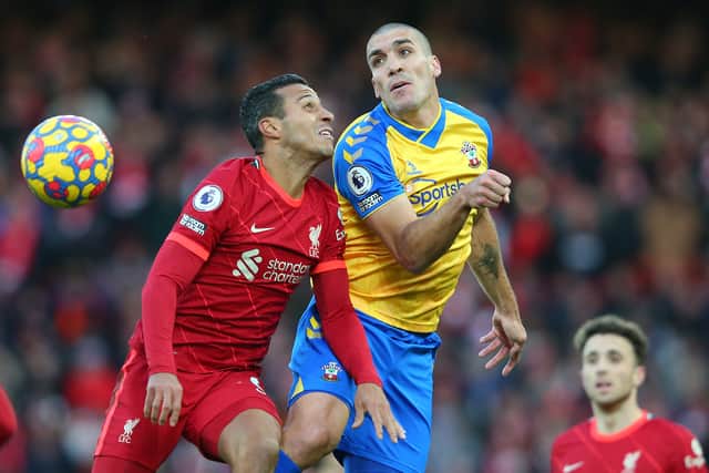  Oriol Romeu of Southampton competes for a header with Thiago Alcantara of Liverpool. Picture:  Alex Livesey/Getty Imagesture: