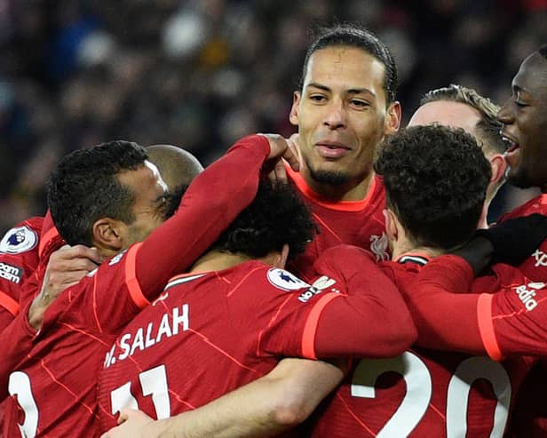 Liverpool celebrate Virgil van Dijk’s goal against Southampton. Picture: OLI SCARFF/AFP via Getty Images