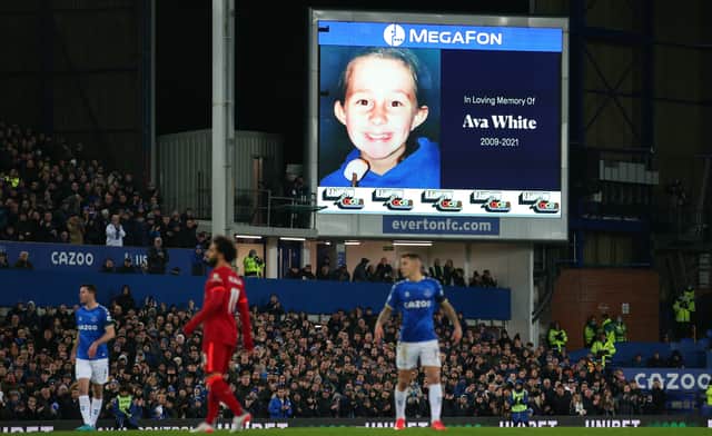 The LED screen at Goodison Park displays a tribute to Ava White. Photo: Getty Images 
