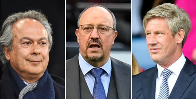 From left to right: Everton owner Farhad Moshiri, manager Rafa Benitez and director of football Marcel Brands. Pictures: Getty Images