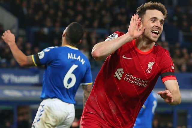 Diogo Jota of Liverpool celebrates after scoring their side’s fourth goal during the Premier League match against Everton. Photo: Alex Livesey/Getty Images