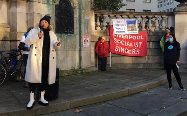 <p>Kim Johnson speaking at a March with Midwives protest in Liverpool. Image @KimJohnsonMP/Twitter</p>