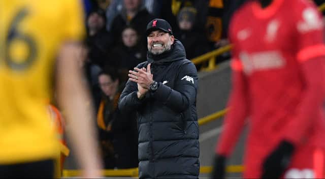 Jurgen Klopp gestures from the sidelines during Liverpool’s 1-0 win over over Wolves. Photo: JUSTIN TALLIS/AFP via Getty Images
