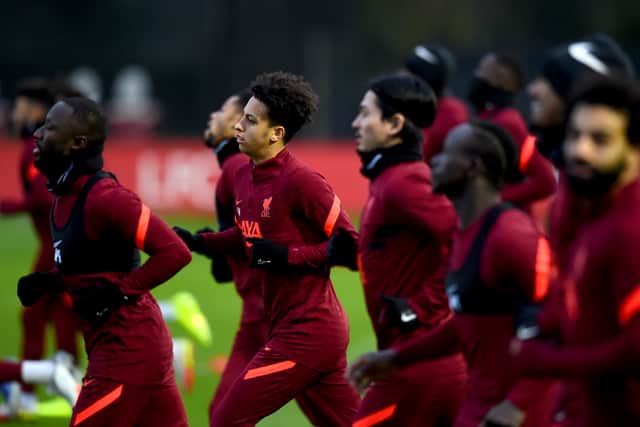 Kaide Gordon trains with the Liverpool first-team squad at their at AXA Training Centre. Photo: Andrew Powell/Liverpool FC via Getty Images
