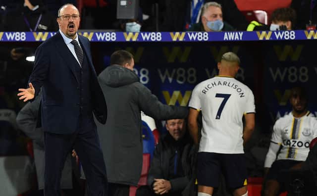 <p>Richarlison leaves the pitch after being substituted off by Everton’s Spanish manager Rafael Beni­tez. Photo: DANIEL LEAL/AFP via Getty Images</p>